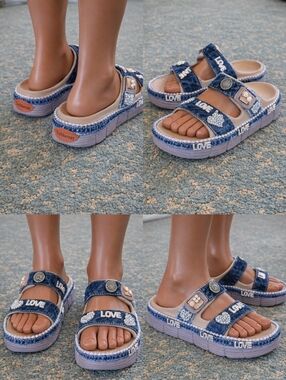 Womens Upcyled Denim Platform Sandals - Blue